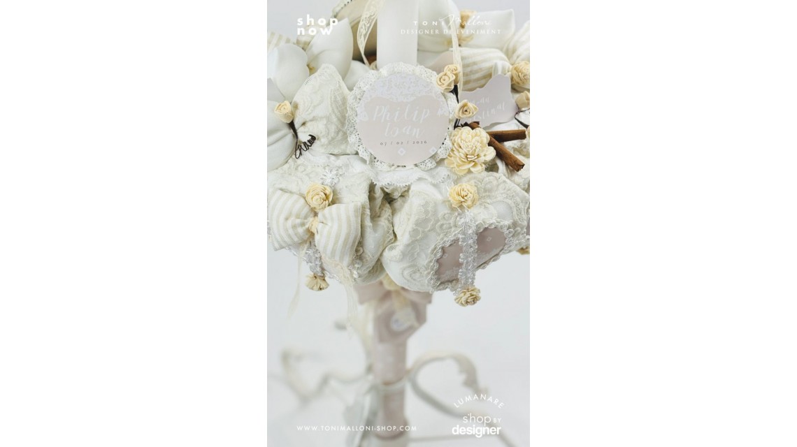 Lumânare botez unisex Cream French Lace cu dantelă crem și flori uscate 8